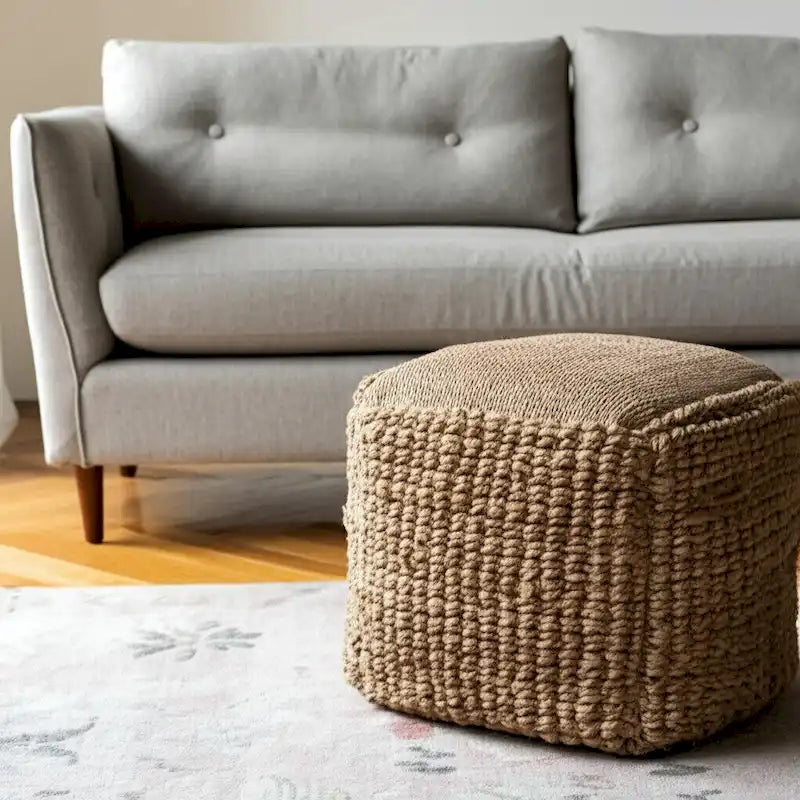 Pouf ottoman cube en jute mélangée naturelle - 18 po