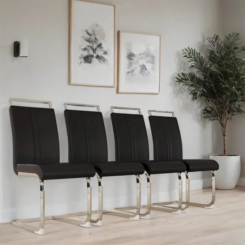 Chaises de salle à manger capitonnées à dossier haut en cuir PU avec pieds en métal (lot de 4)