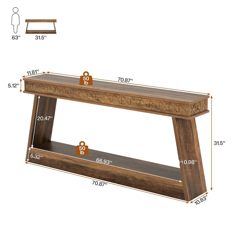 Table Console Extra Longue de 180 cm avec Étagère de Rangement, Table d'Entrée de Ferme à 2 Niveaux - 180 cm (L) x 30 cm (l) x 80 cm (H)