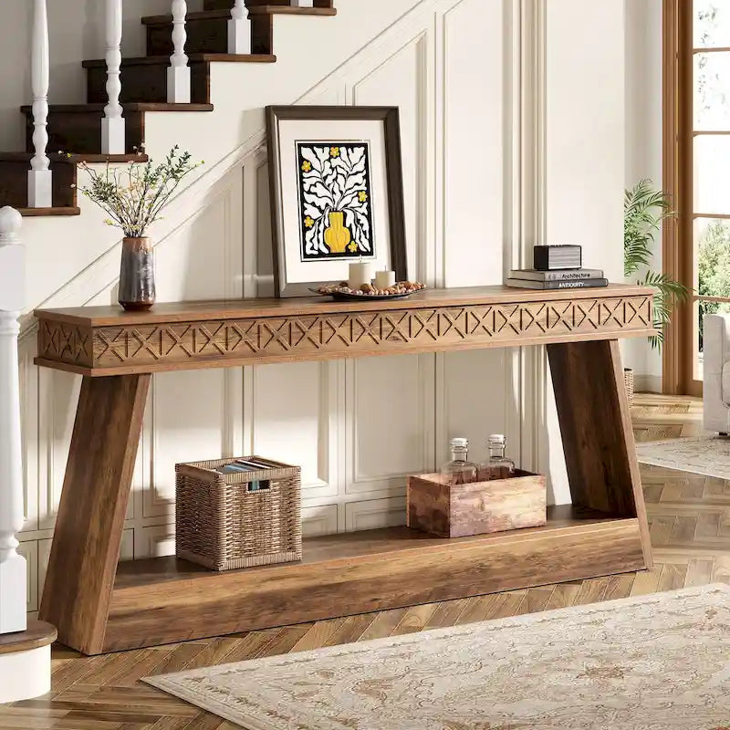 Table Console Extra Longue de 180 cm avec Étagère de Rangement, Table d'Entrée de Ferme à 2 Niveaux - 180 cm (L) x 30 cm (l) x 80 cm (H)