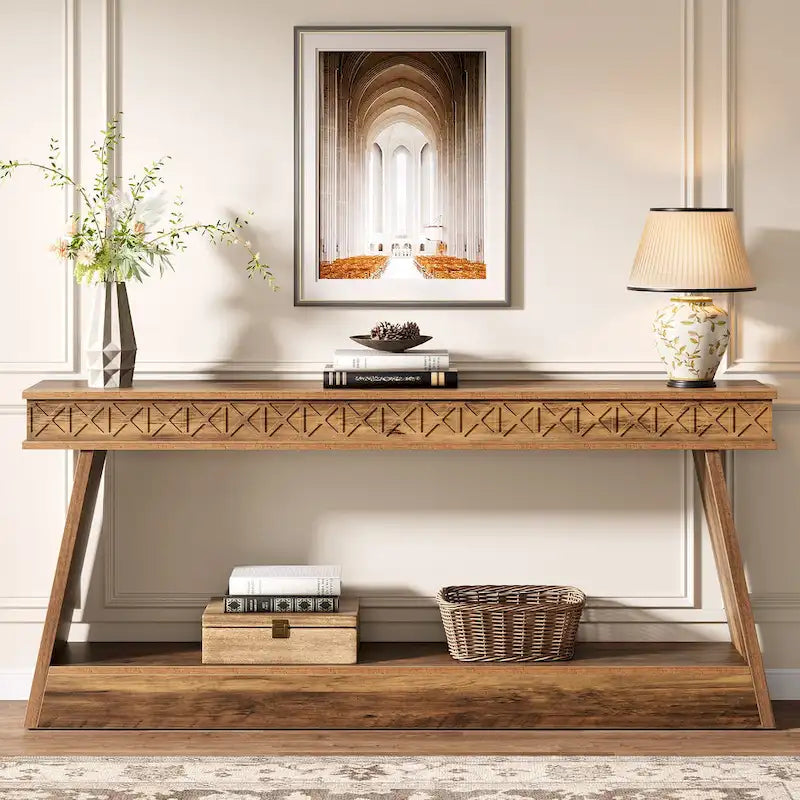Table Console Extra Longue de 180 cm avec Étagère de Rangement, Table d'Entrée de Ferme à 2 Niveaux - 180 cm (L) x 30 cm (l) x 80 cm (H)