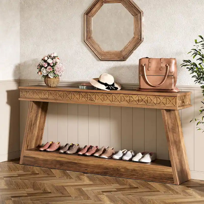 Table Console Extra Longue de 180 cm avec Étagère de Rangement, Table d'Entrée de Ferme à 2 Niveaux - 180 cm (L) x 30 cm (l) x 80 cm (H)