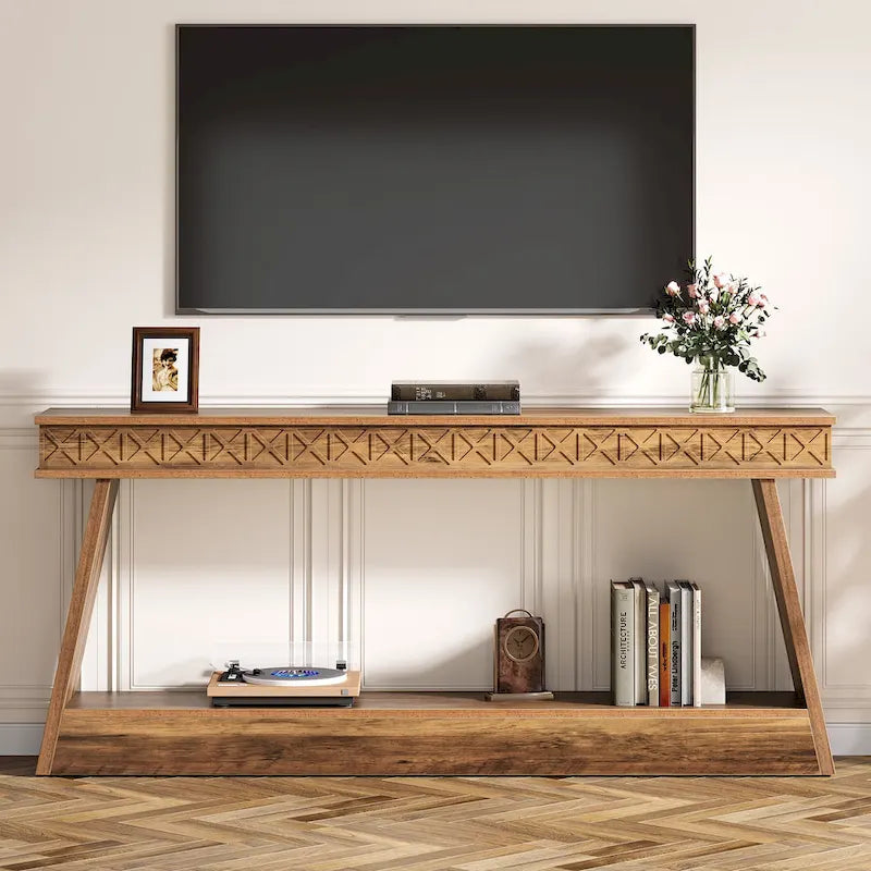 Table Console Extra Longue de 180 cm avec Étagère de Rangement, Table d'Entrée de Ferme à 2 Niveaux - 180 cm (L) x 30 cm (l) x 80 cm (H)