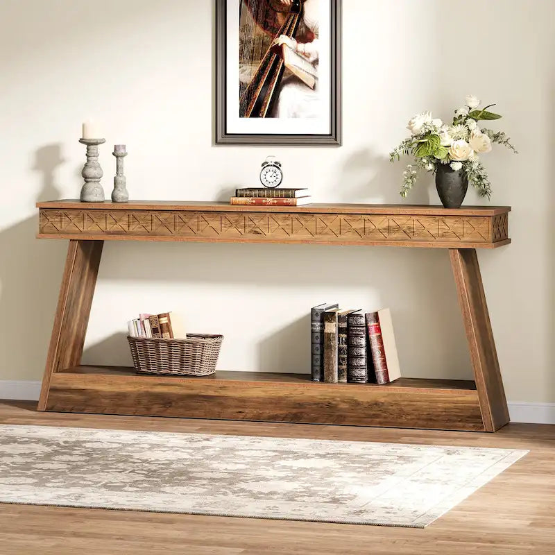 Table Console Extra Longue de 180 cm avec Étagère de Rangement, Table d'Entrée de Ferme à 2 Niveaux - 180 cm (L) x 30 cm (l) x 80 cm (H)