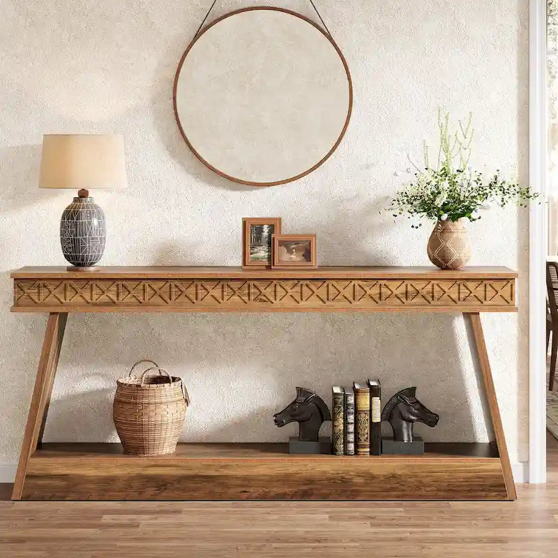 Table Console Extra Longue de 180 cm avec Étagère de Rangement, Table d'Entrée de Ferme à 2 Niveaux - 180 cm (L) x 30 cm (l) x 80 cm (H)