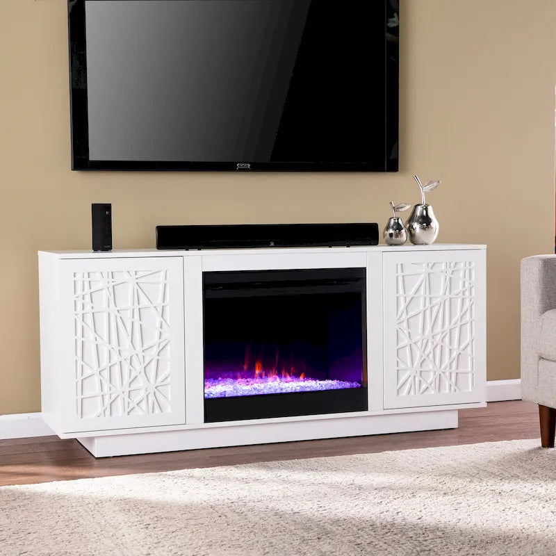 Meuble TV avec cheminée électrique à couleurs changeantes et rangements