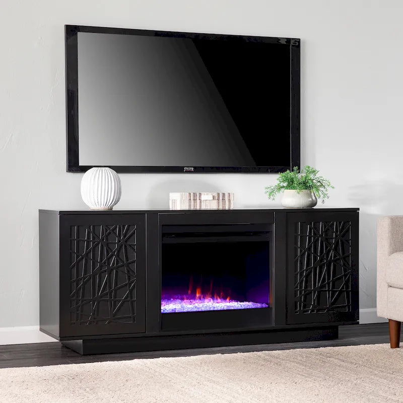 Meuble TV avec cheminée électrique à couleurs changeantes et rangements