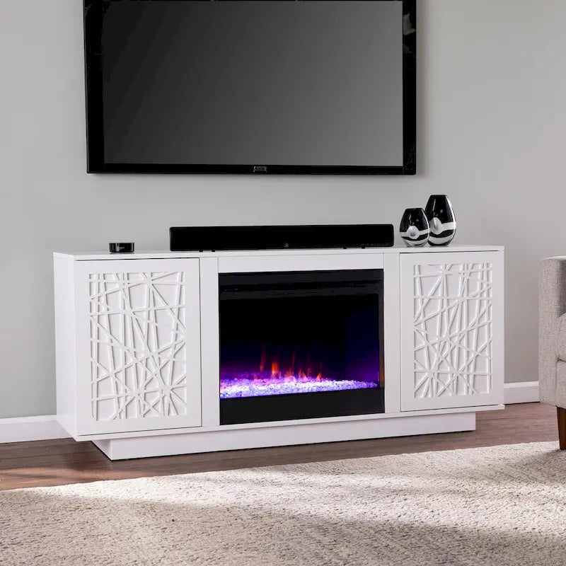 Meuble TV avec cheminée électrique à couleurs changeantes et rangements