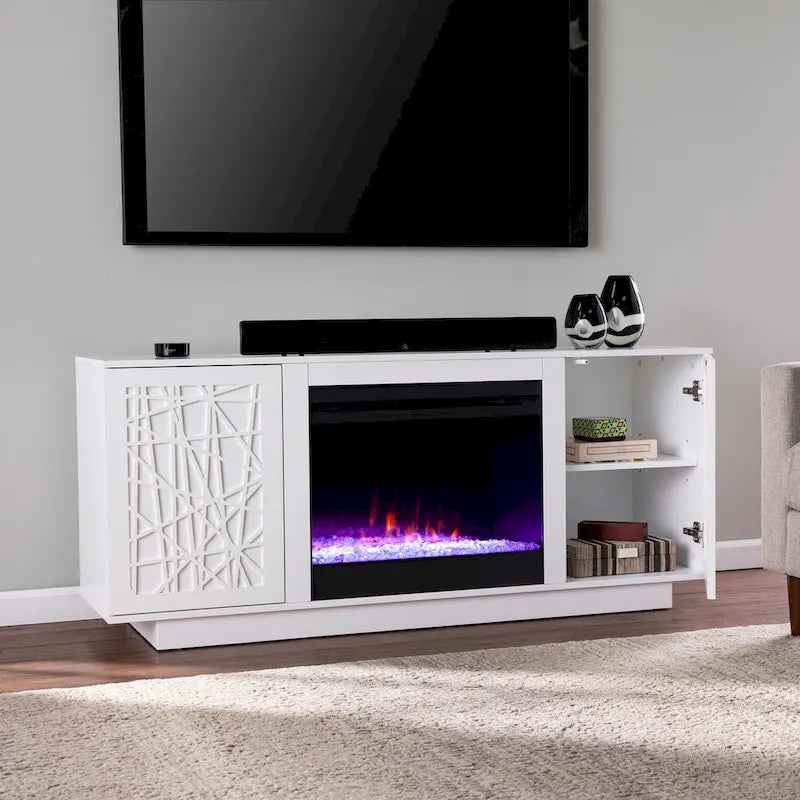 Meuble TV avec cheminée électrique à couleurs changeantes et rangements