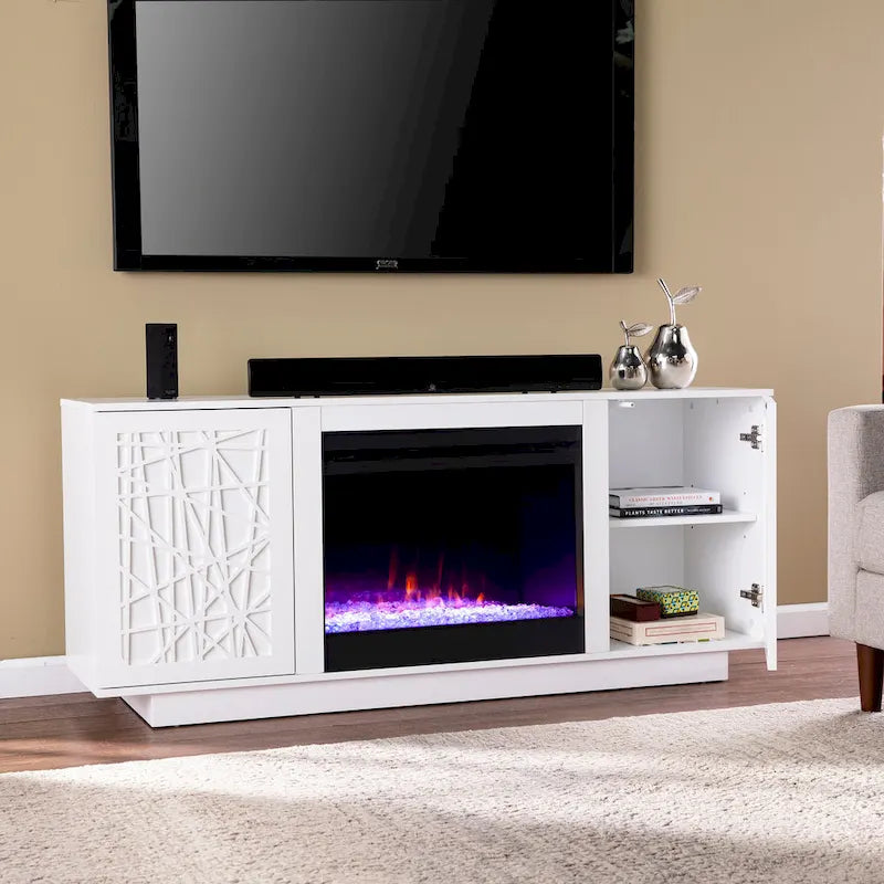 Meuble TV avec cheminée électrique à couleurs changeantes et rangements