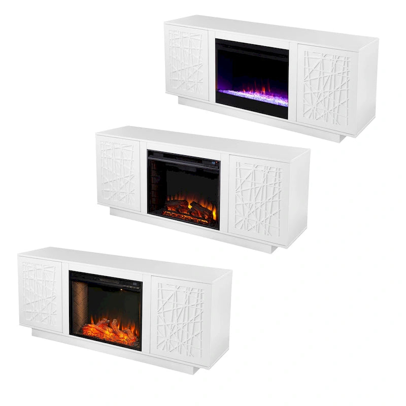 Meuble TV avec cheminée électrique à couleurs changeantes et rangements