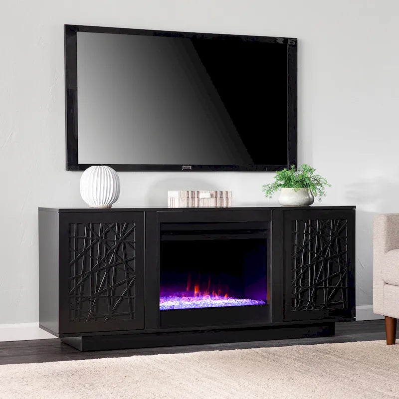 Meuble TV avec cheminée électrique à couleurs changeantes et rangements