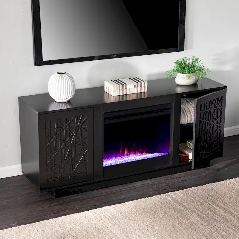 Meuble TV avec cheminée électrique à couleurs changeantes et rangements