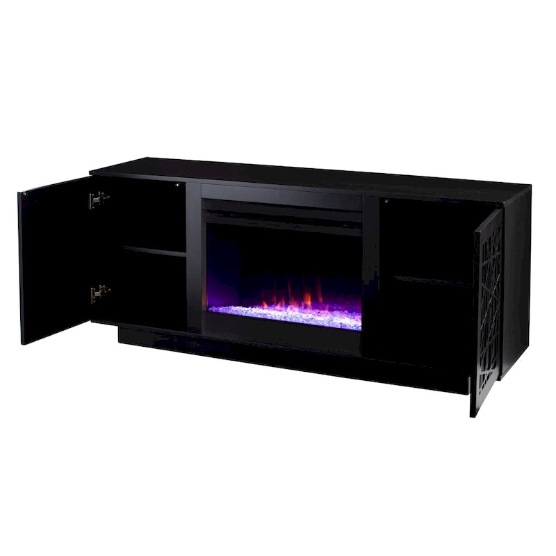 Meuble TV avec cheminée électrique à couleurs changeantes et rangements