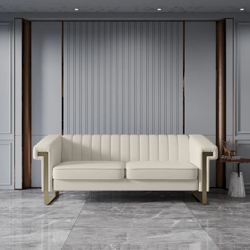 Canapé Chesterfield traditionnel en velours capitonné, avec coussins amovibles et pieds dorés