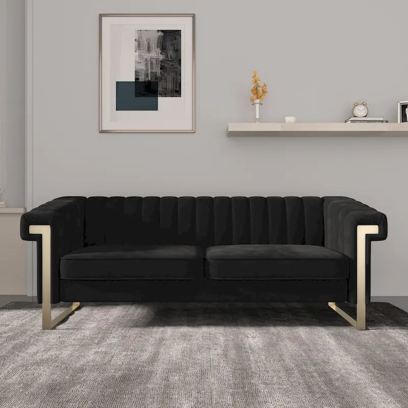 Canapé Chesterfield traditionnel en velours capitonné, avec coussins amovibles et pieds dorés