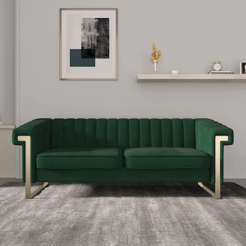 Canapé Chesterfield traditionnel en velours capitonné, avec coussins amovibles et pieds dorés