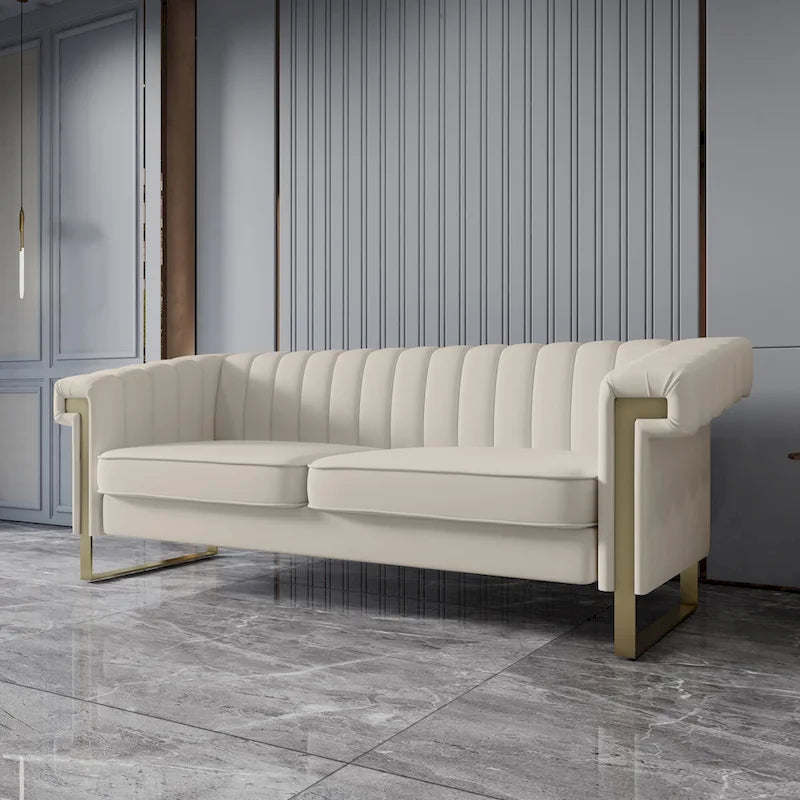 Canapé Chesterfield traditionnel en velours capitonné, avec coussins amovibles et pieds dorés