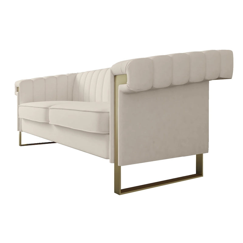 Canapé Chesterfield traditionnel en velours capitonné, avec coussins amovibles et pieds dorés