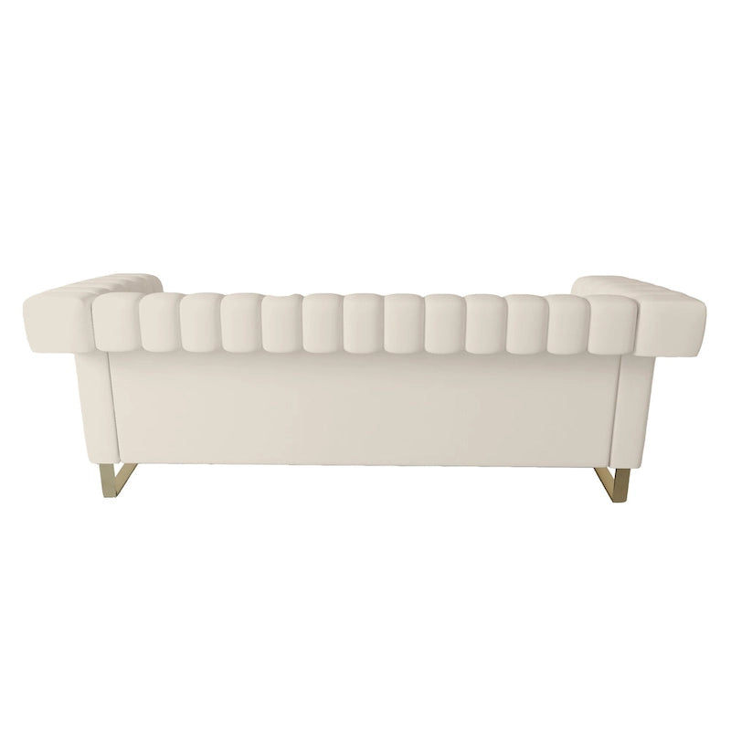Canapé Chesterfield traditionnel en velours capitonné, avec coussins amovibles et pieds dorés
