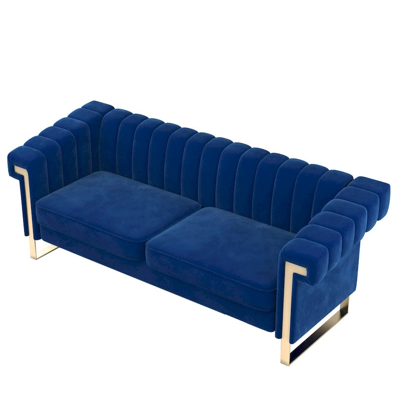 Canapé Chesterfield traditionnel en velours capitonné, avec coussins amovibles et pieds dorés