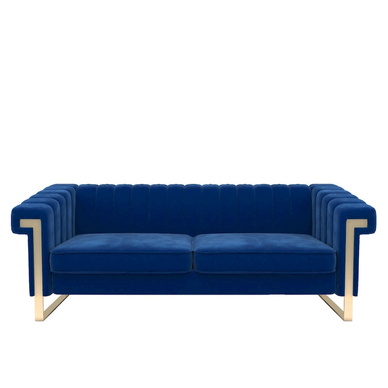 Canapé Chesterfield traditionnel en velours capitonné, avec coussins amovibles et pieds dorés
