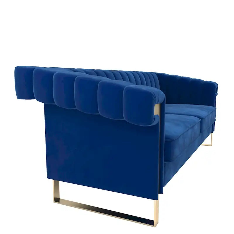 Canapé Chesterfield traditionnel en velours capitonné, avec coussins amovibles et pieds dorés