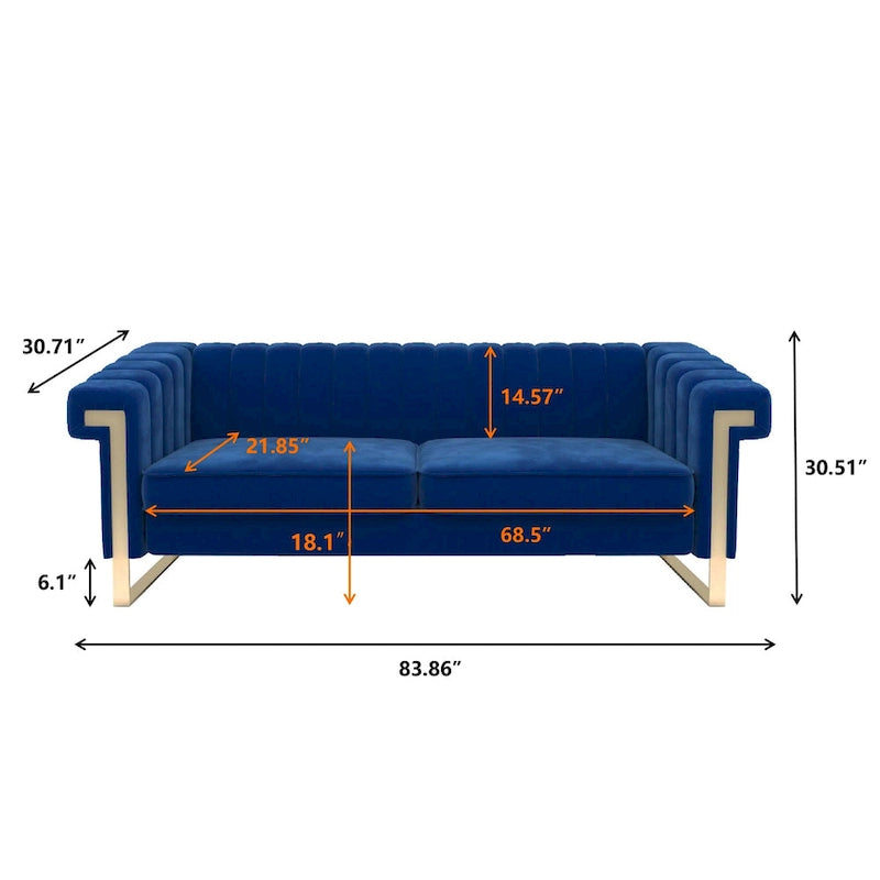 Canapé Chesterfield traditionnel en velours capitonné, avec coussins amovibles et pieds dorés