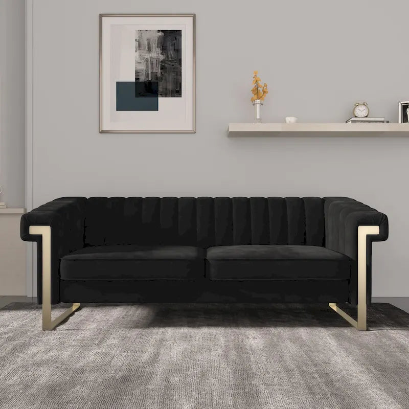 Canapé Chesterfield traditionnel en velours capitonné, avec coussins amovibles et pieds dorés