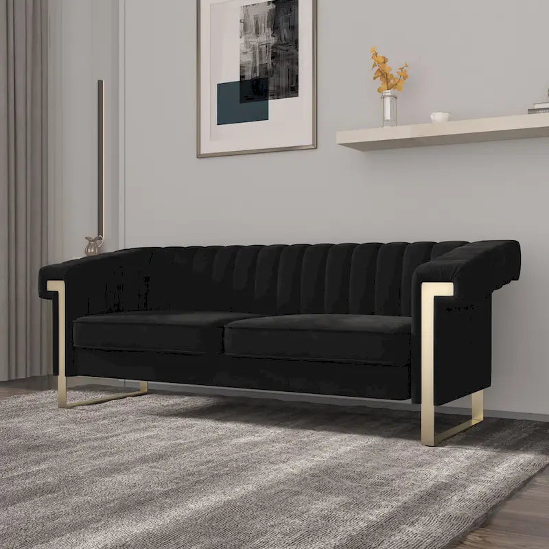 Canapé Chesterfield traditionnel en velours capitonné, avec coussins amovibles et pieds dorés