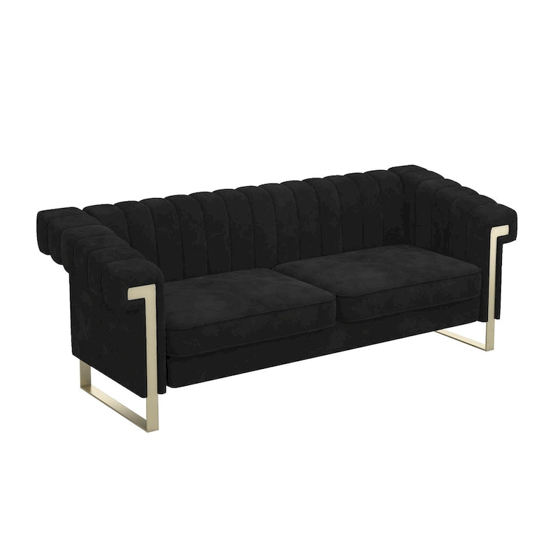 Canapé Chesterfield traditionnel en velours capitonné, avec coussins amovibles et pieds dorés