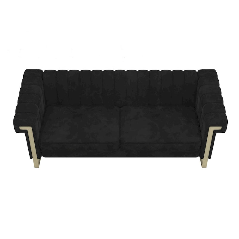 Canapé Chesterfield traditionnel en velours capitonné, avec coussins amovibles et pieds dorés
