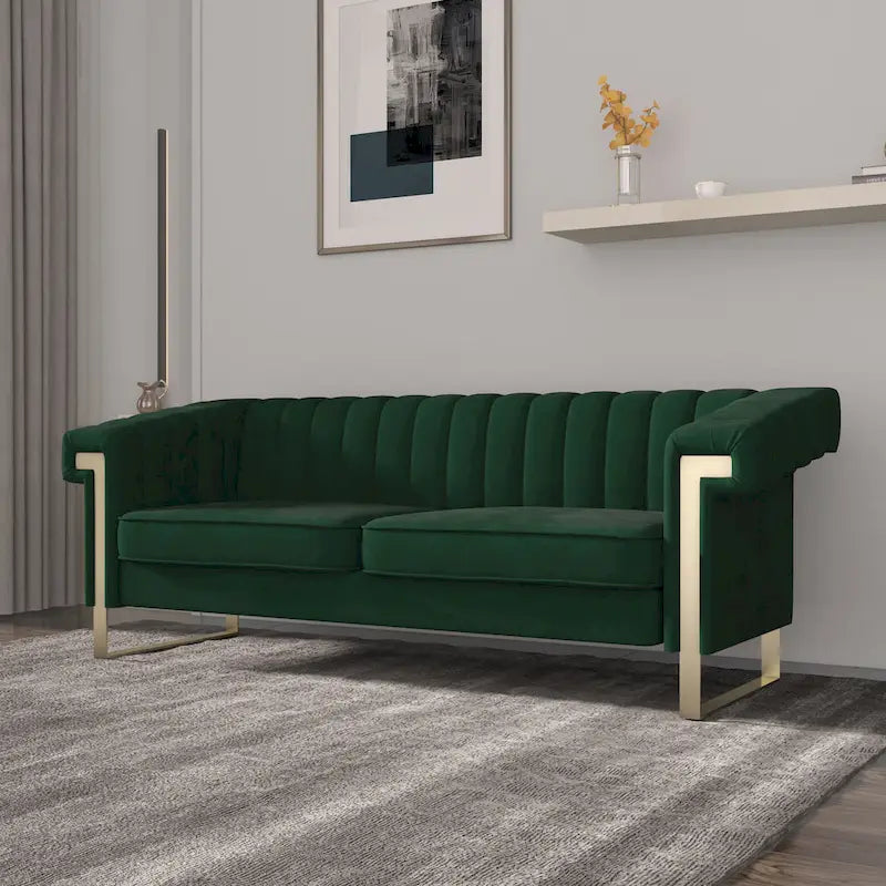Canapé Chesterfield traditionnel en velours capitonné, avec coussins amovibles et pieds dorés