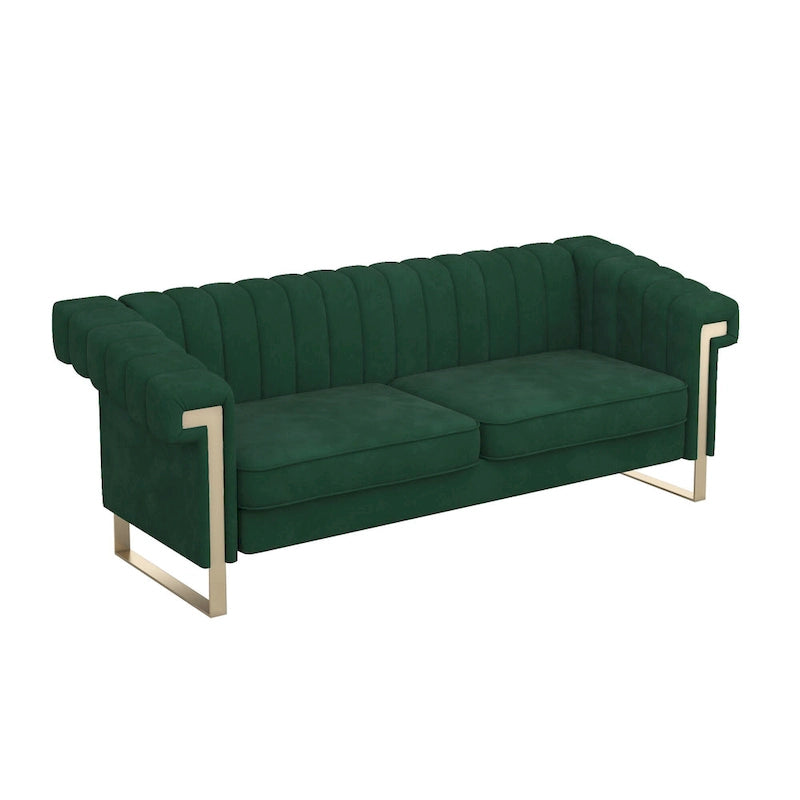 Canapé Chesterfield traditionnel en velours capitonné, avec coussins amovibles et pieds dorés