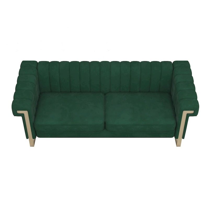 Canapé Chesterfield traditionnel en velours capitonné, avec coussins amovibles et pieds dorés