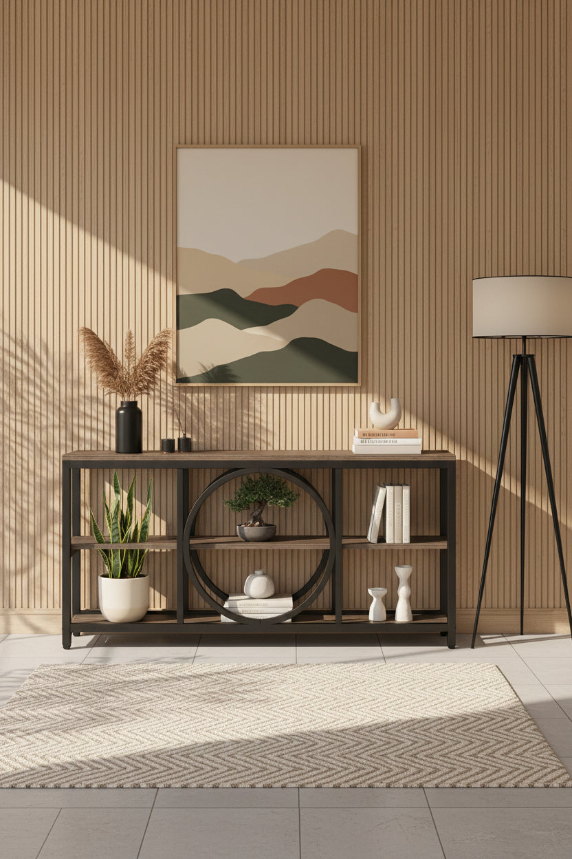 Console de canapé de 70,9 pouces avec 3 étagères de rangement en bois et cadre métallique industriel pour foyer, couloir, salon, derrière le canapé