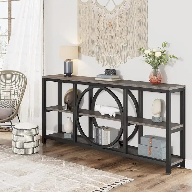 Console de canapé de 70,9 pouces avec 3 étagères de rangement en bois et cadre métallique industriel pour foyer, couloir, salon, derrière le canapé