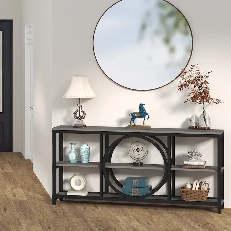 Console de canapé de 70,9 pouces avec 3 étagères de rangement en bois et cadre métallique industriel pour foyer, couloir, salon, derrière le canapé