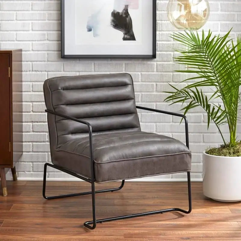 Fauteuil d'appoint en similicuir style Mid-Century avec dossier côtelé pour salon et bureau à domicile