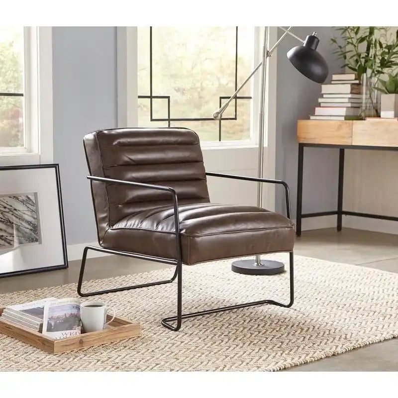 Fauteuil d'appoint en similicuir style Mid-Century avec dossier côtelé pour salon et bureau à domicile