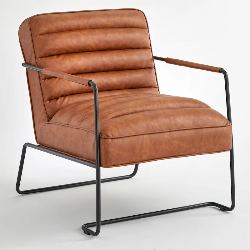 Fauteuil d'appoint en similicuir style Mid-Century avec dossier côtelé pour salon et bureau à domicile