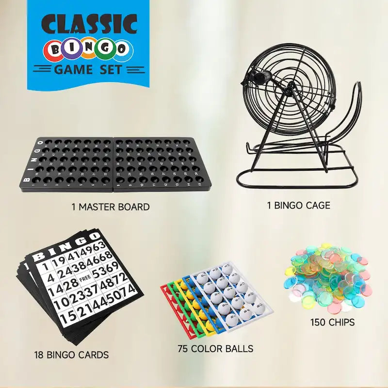 Jeu de Bingo Classique pour Enfants et Adultes, Famille - Cage de Loto et Plateau, 75 Boules de Bingo, 150 Jetons de Bingo, 18 Cartons de Bingo