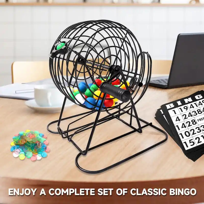 Jeu de Bingo Classique pour Enfants et Adultes, Famille - Cage de Loto et Plateau, 75 Boules de Bingo, 150 Jetons de Bingo, 18 Cartons de Bingo