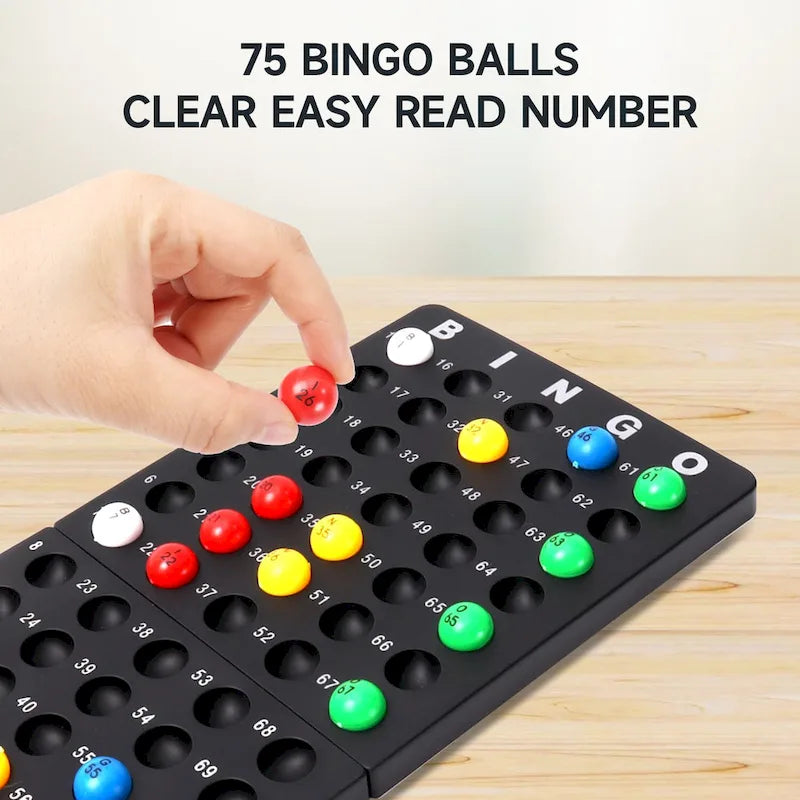 Jeu de Bingo Classique pour Enfants et Adultes, Famille - Cage de Loto et Plateau, 75 Boules de Bingo, 150 Jetons de Bingo, 18 Cartons de Bingo
