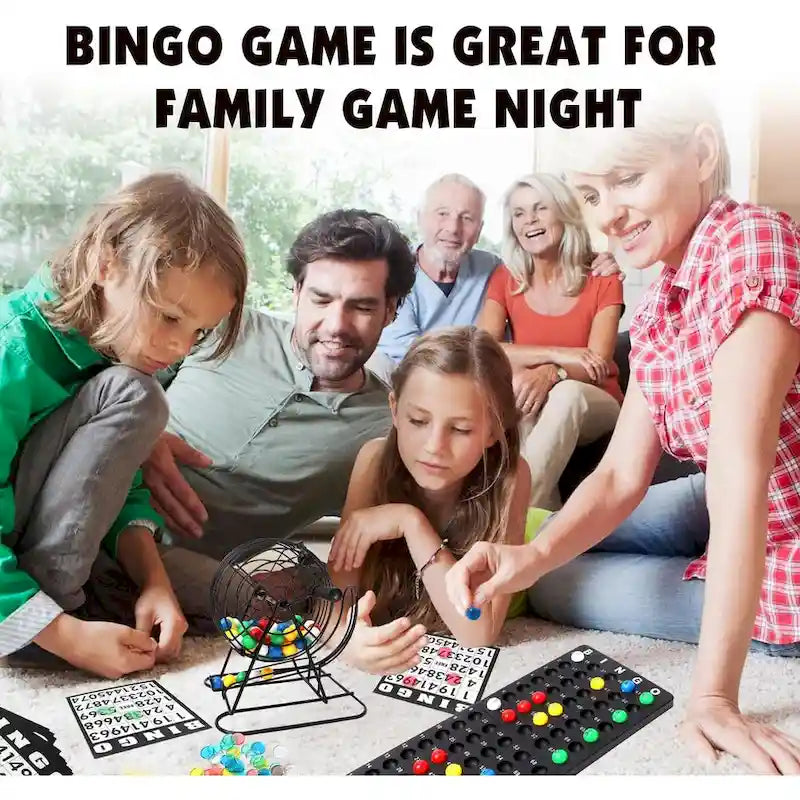 Jeu de Bingo Classique pour Enfants et Adultes, Famille - Cage de Loto et Plateau, 75 Boules de Bingo, 150 Jetons de Bingo, 18 Cartons de Bingo