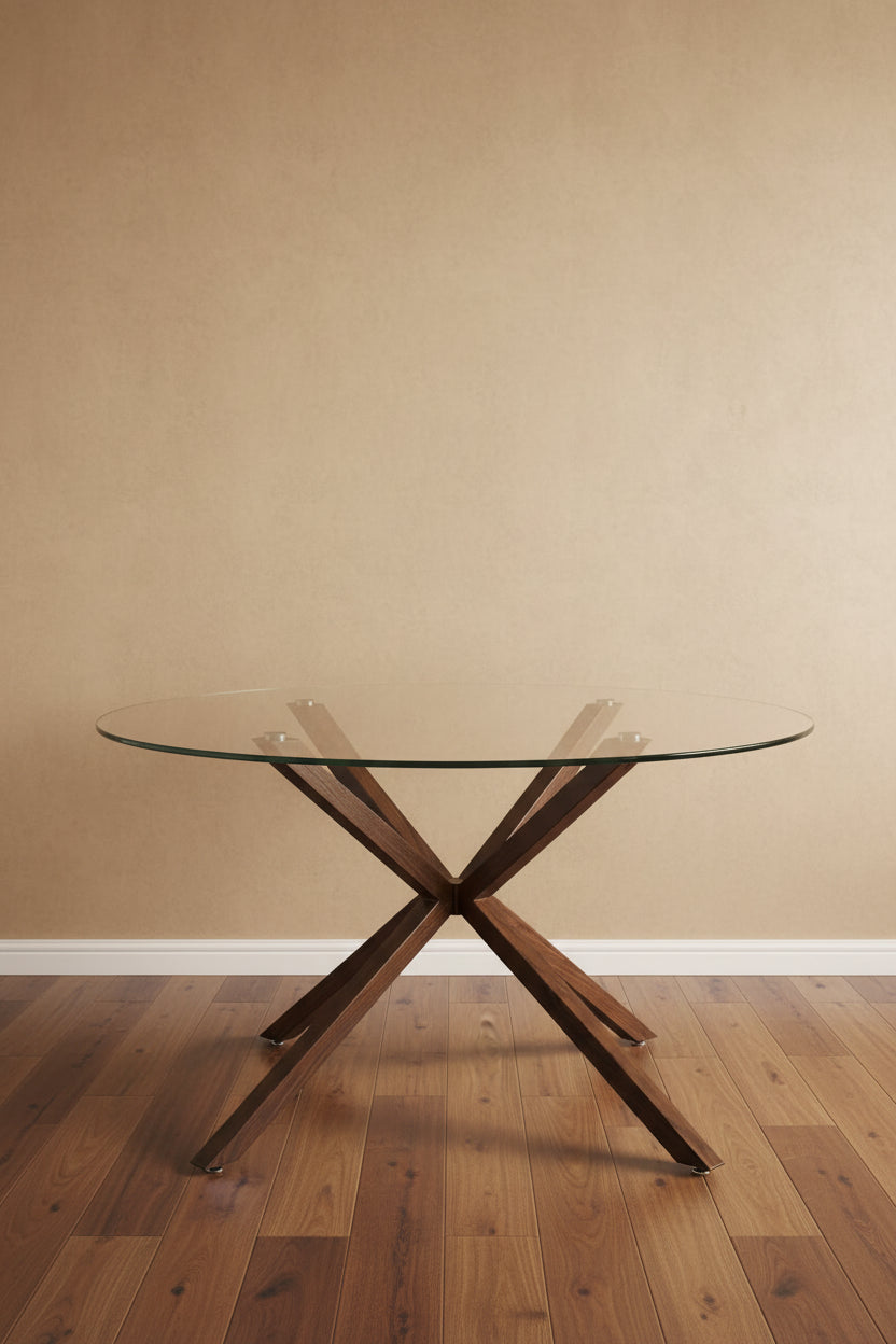 Round 39 Glass Dining Table Walnut Table Leg - 39x30x27