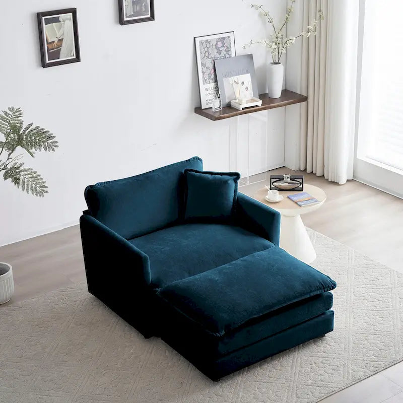 Fauteuil d'appoint moderne avec pouf, Fauteuil de salon capitonné en chenille, Fauteuil de lecture pour chambre à coucher, Chenille bleue