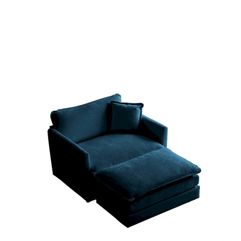 Fauteuil d'appoint moderne avec pouf, Fauteuil de salon capitonné en chenille, Fauteuil de lecture pour chambre à coucher, Chenille bleue