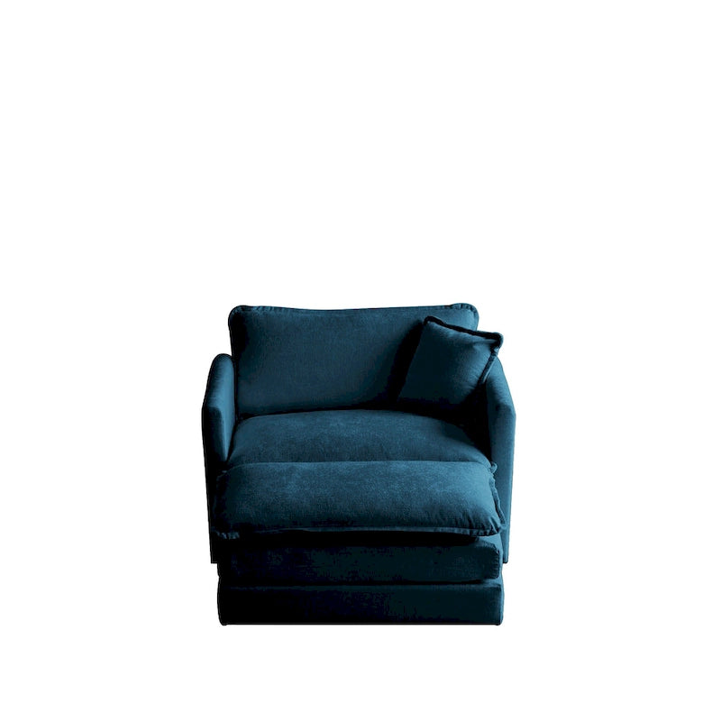 Fauteuil d'appoint moderne avec pouf, Fauteuil de salon capitonné en chenille, Fauteuil de lecture pour chambre à coucher, Chenille bleue