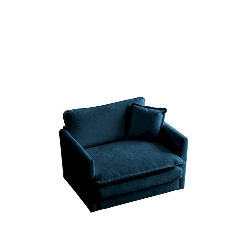 Fauteuil d'appoint moderne avec pouf, Fauteuil de salon capitonné en chenille, Fauteuil de lecture pour chambre à coucher, Chenille bleue